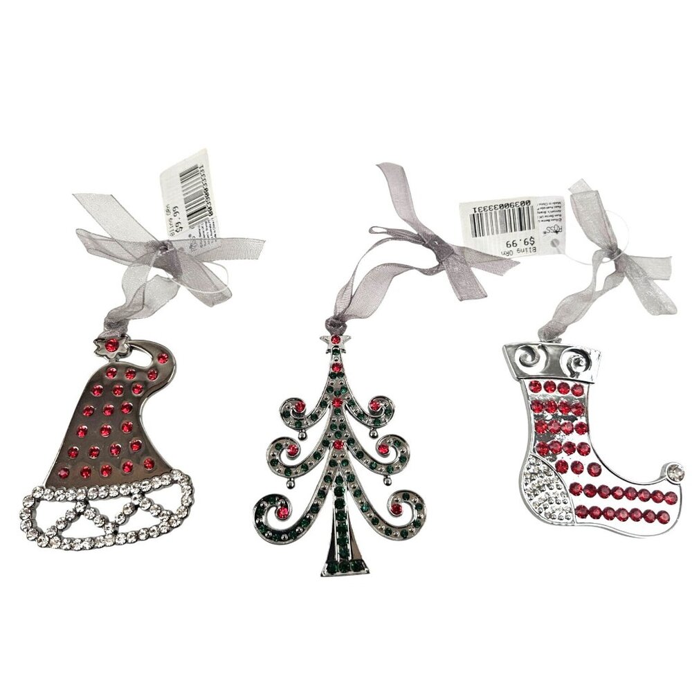 Russ 3 Bling Ornaments Santa Hat Tree Stocking Silver Rhinestones Christmas 90s